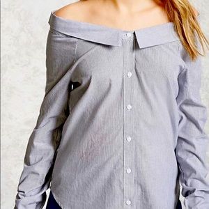 Women’s Boat Neck Off Shoulder Button Up Down Long Sleeve Collar Blouse Top